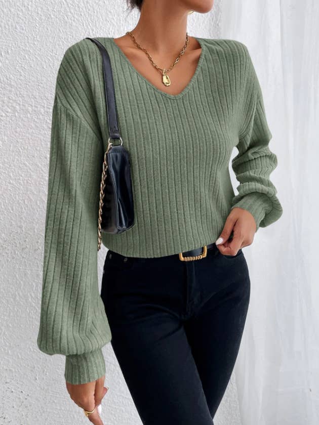 V-Neck Drop Shoulder Sleeved T-Shirt Loose Knit
