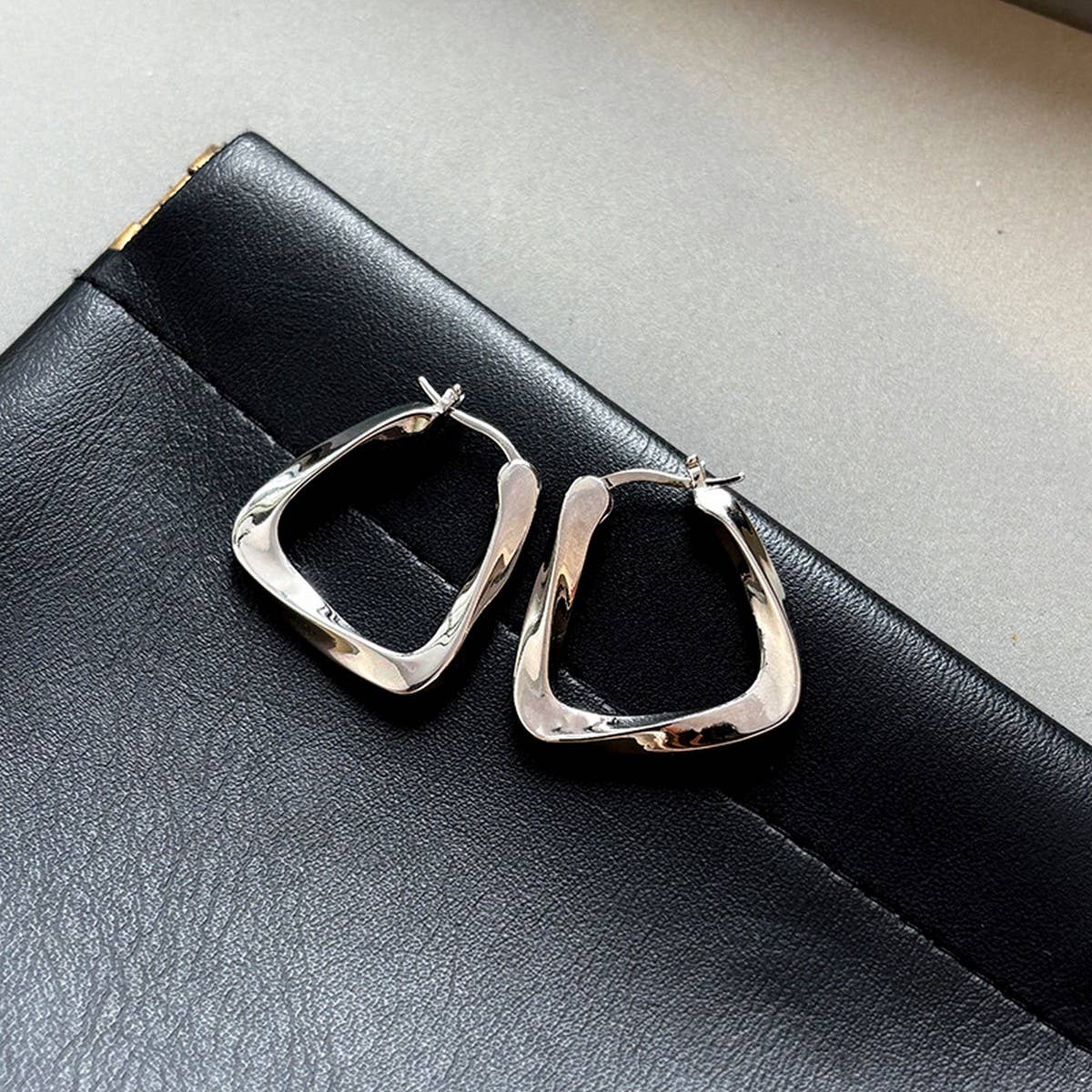 Silver Metal Pleated Hoop Earrings_Cwaje06285