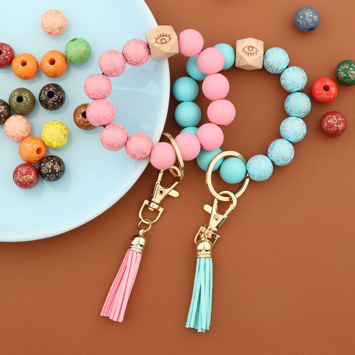 PRINTED WOODEN BEADS SPOTS TASSEL KEYCHAIN_CWMM1323