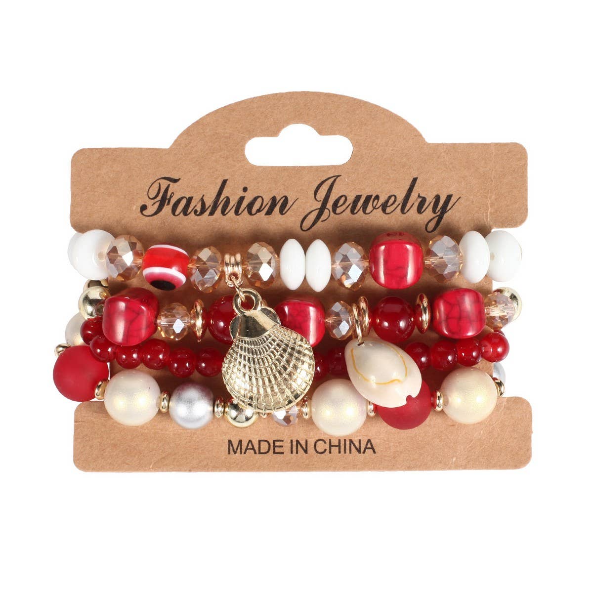 Cwaje05692_Boho Shell Pearl Elastic Evil Eye Bracelet
