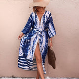 BLUE AND WHITE SNAKE PRINT CARDIGAN BEACH COVER UP_CWMM1230