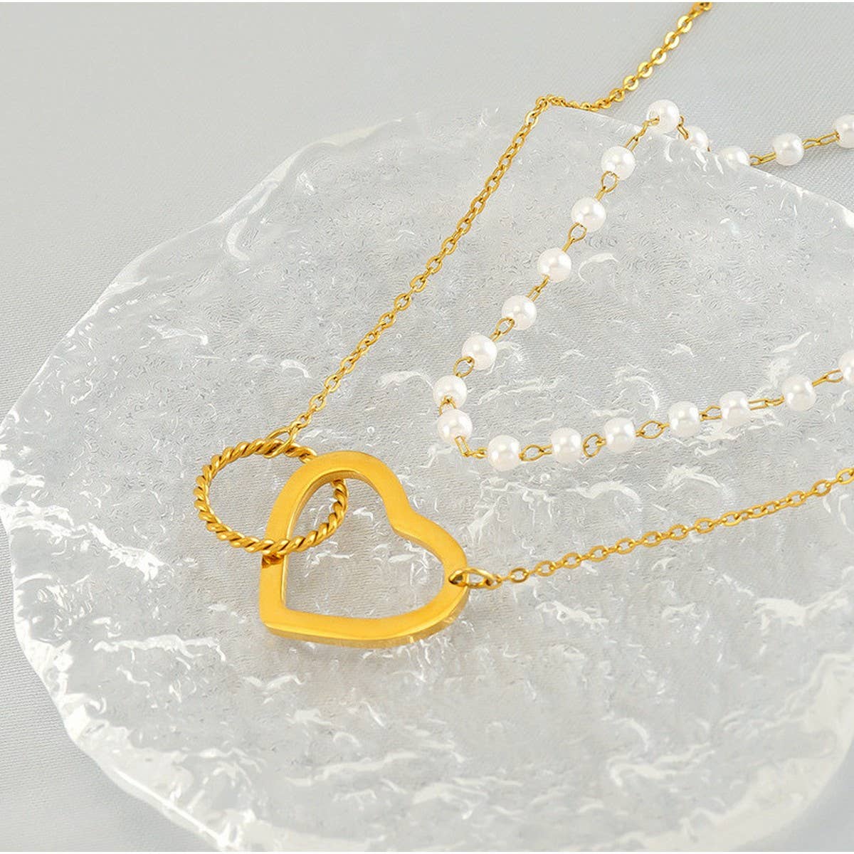Cwaje1960_Vintage Pearl Double Chain Love Circular Necklace