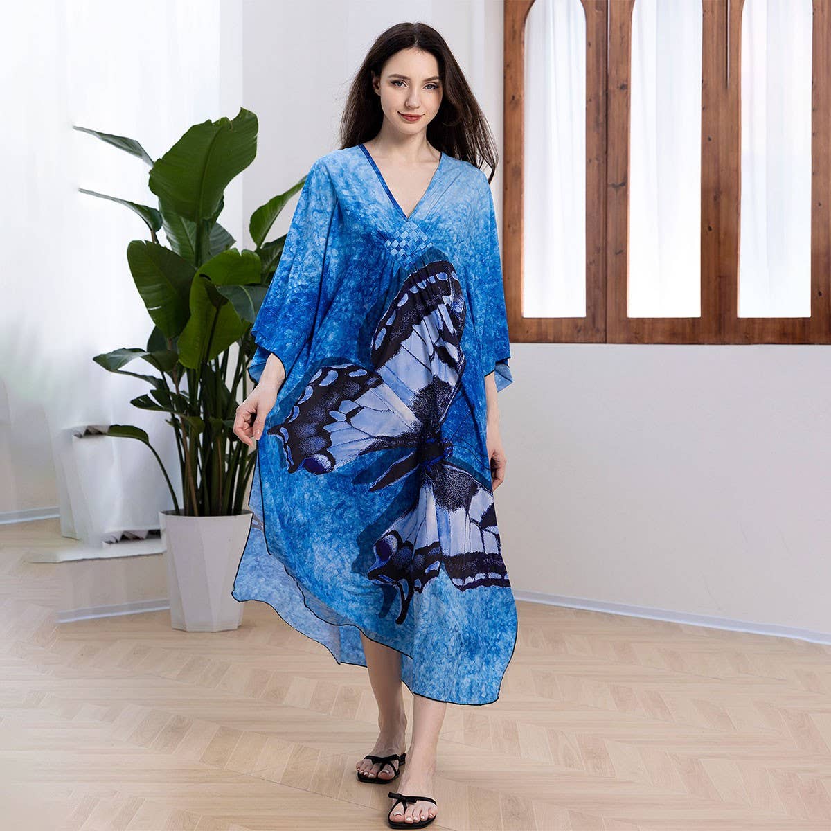 PLUS SIZE BUTTERFLY PRINT BEACH COVER UP DRESS_CWMM6199