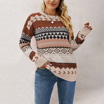 Women¡¯S Diamond Jacquard Color Block Knitsweater_Cwoswl07198