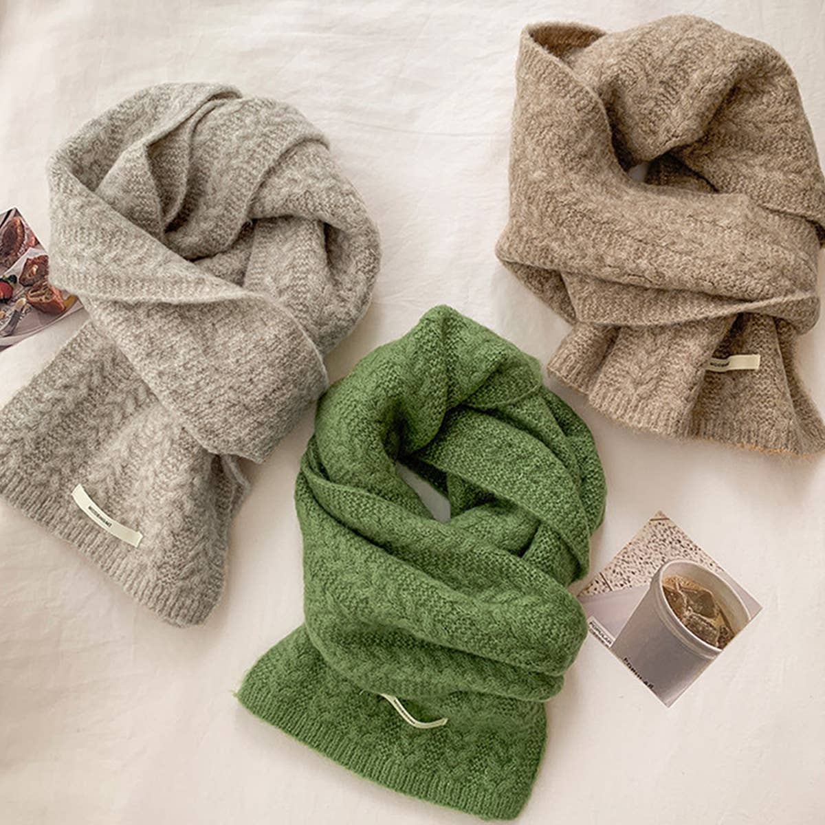 Avocado Green Wool Cable Knit Winter Scarf_Cwasc03813
