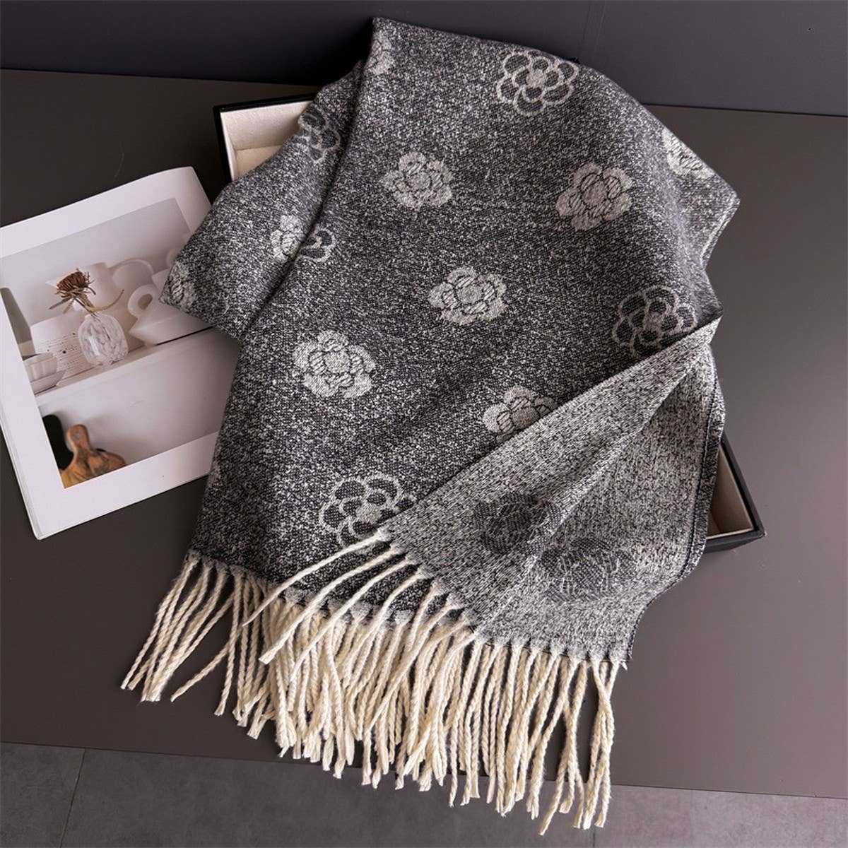 Elegant Camellia Cashmere Feel Tassel Scarf Wrap_Cwasc03244