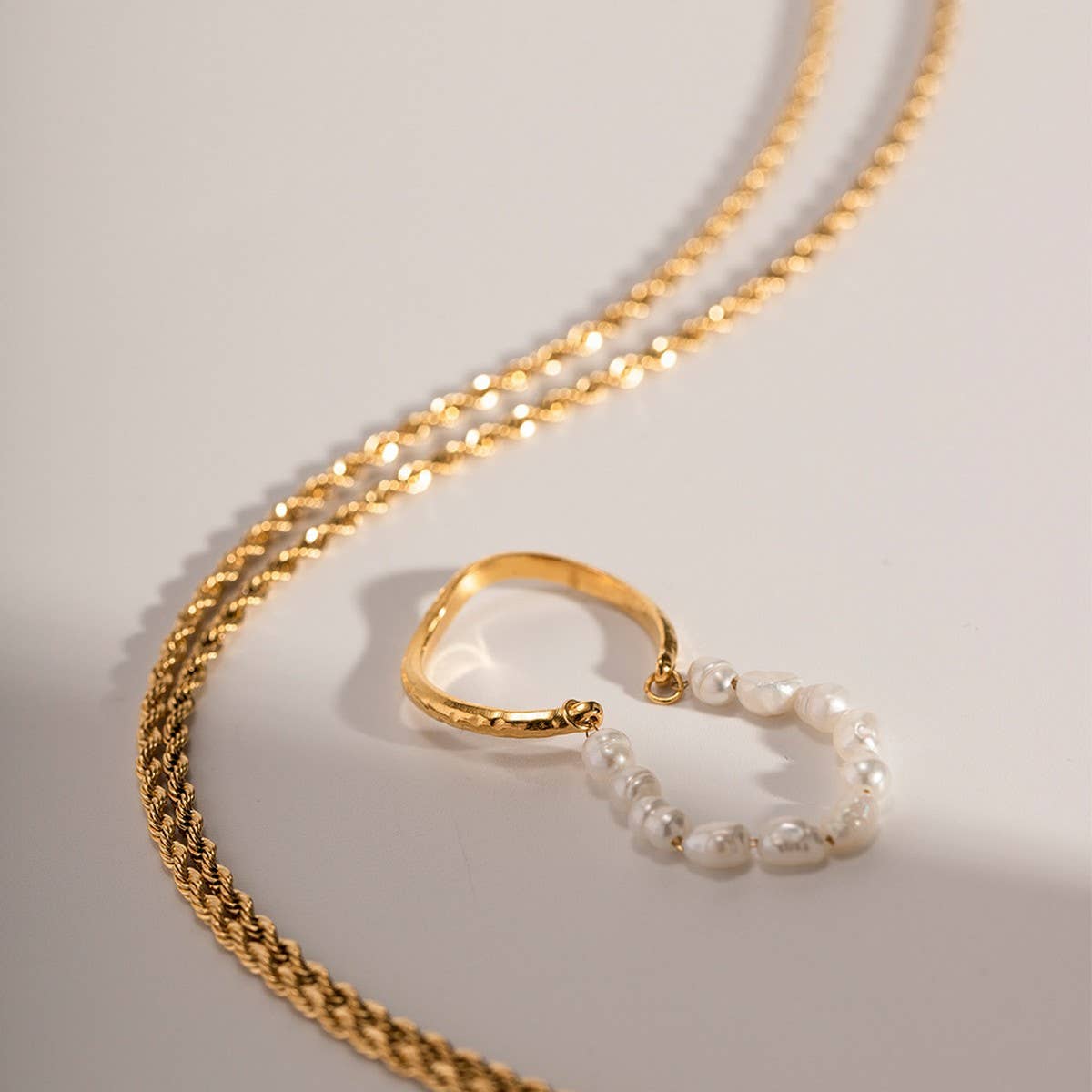 STAINLESS STEEL FRESHWATER PEARL DOUBLE LAYER RING_CWAJE1241