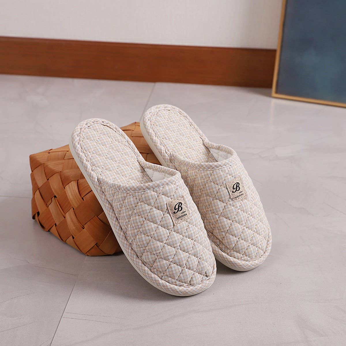 PLAID COTTON CLOSED TOE SLIPPERS WITH RUBBER SOLE_CWSHF0201