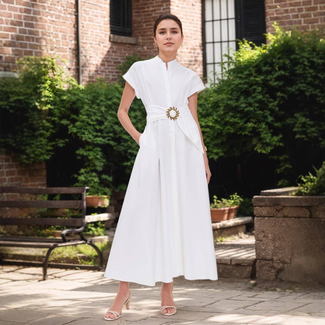 Sun Metal Belt Short Sleeve Stand-Up Collar Dress