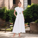 Sun Metal Belt Short Sleeve Stand-Up Collar Dress