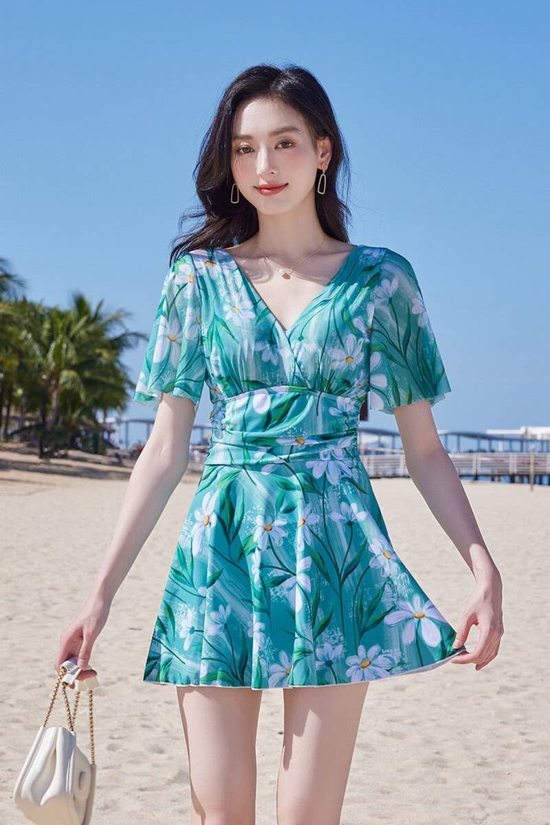 Cwmw0860_Printed High Waist Backless One-Piece Swim Dress