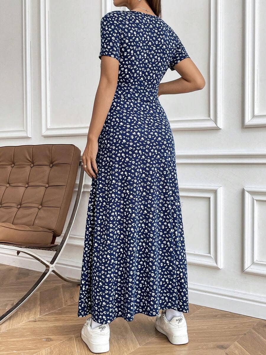 V-Neck Elegant Cinched Waist Casual Floral Dress