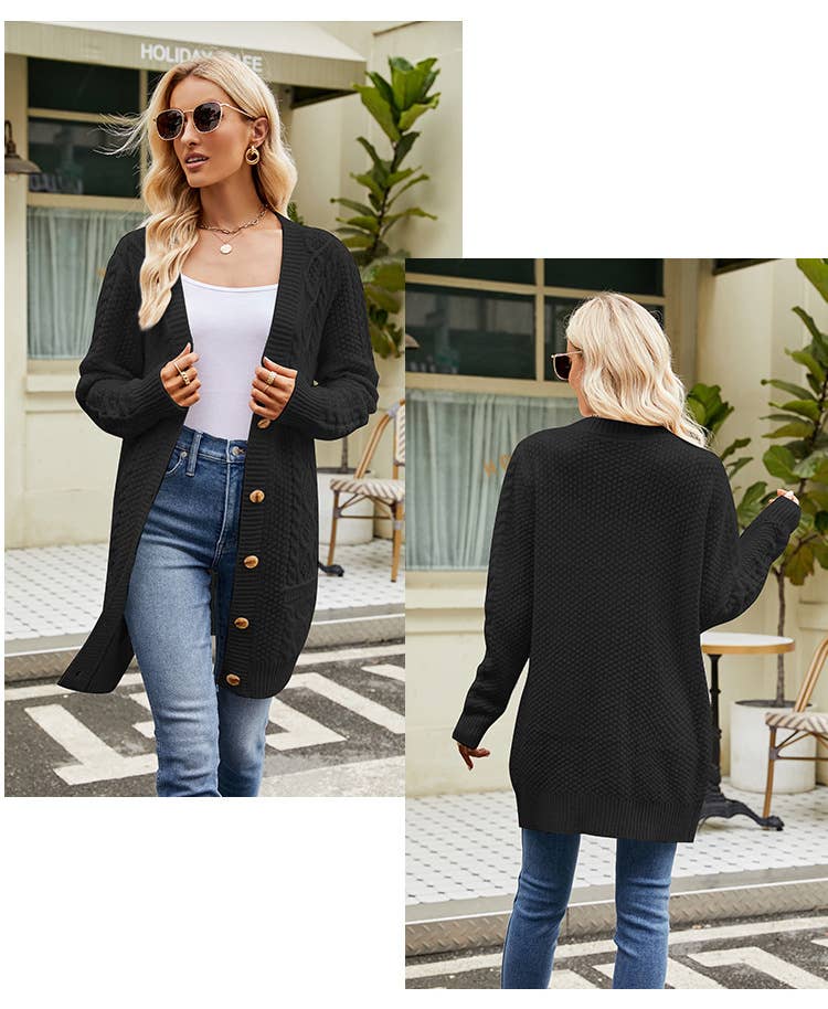 Twisted Floral Solid Color V-Neck Knit Cardigan