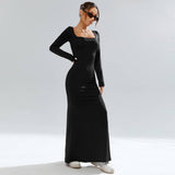 Square Neck Solid Color Knit Skirt With Hip Wrap