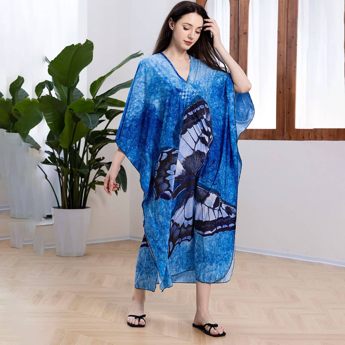 PLUS SIZE BUTTERFLY PRINT BEACH COVER UP DRESS_CWMM6199