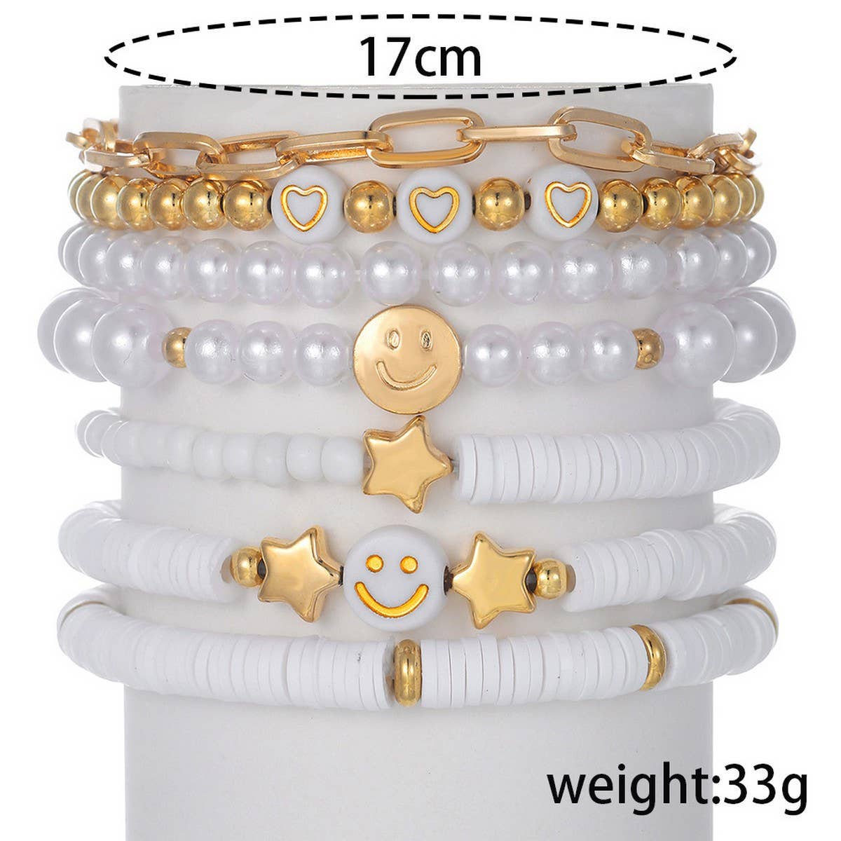 White Polymer Clay Star Smiley Face Bracelet Set_Cwmm3540