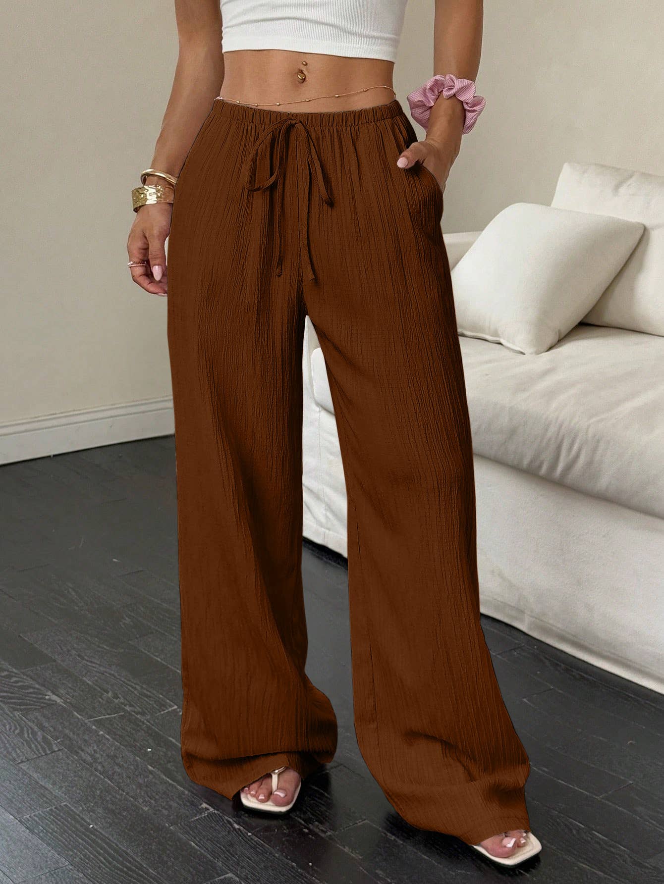 Solid-Color Textured Drawstring Wide-Leg Pants