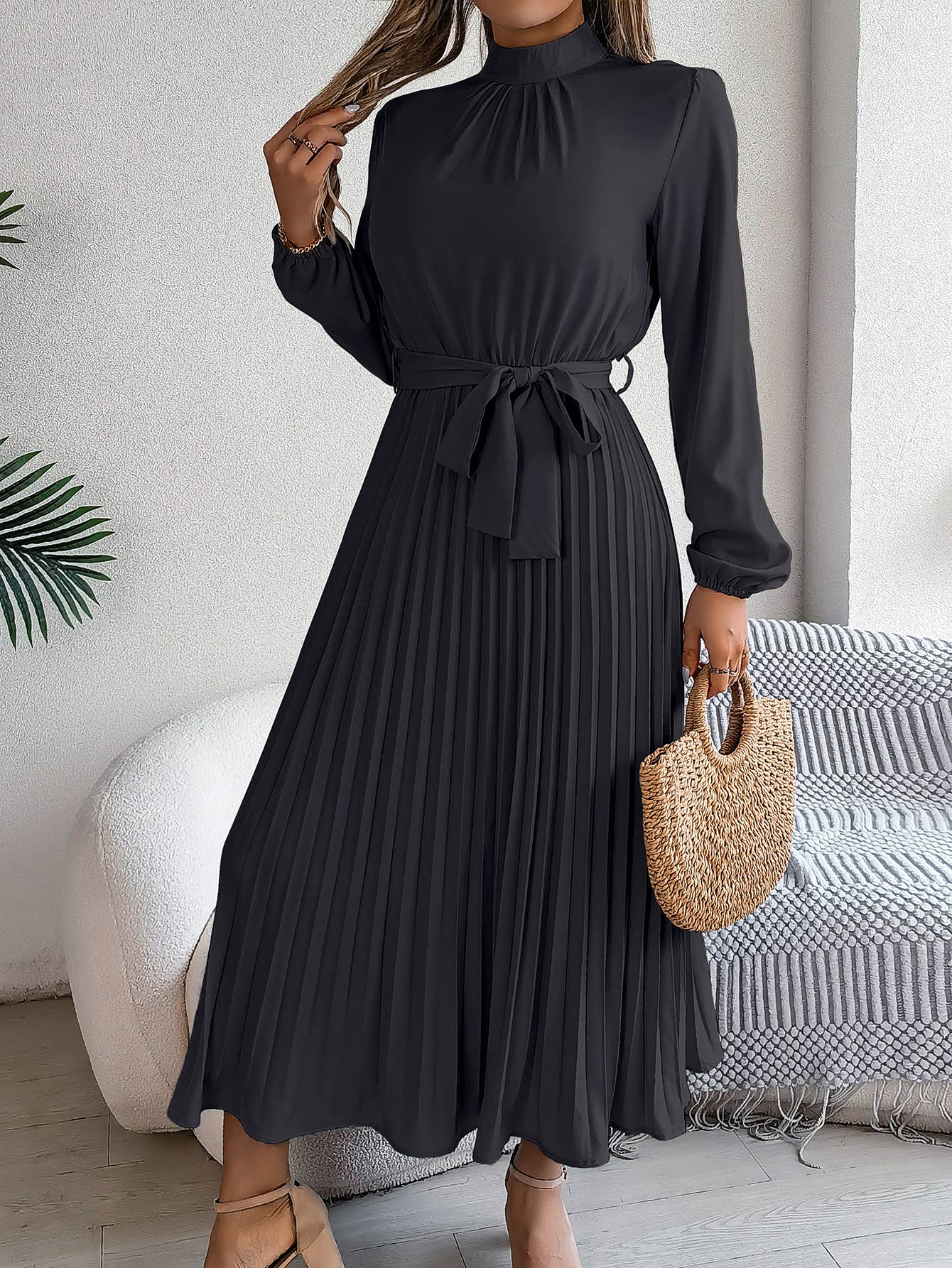 Standing Collar Long Sleeve Pleated Long Dress