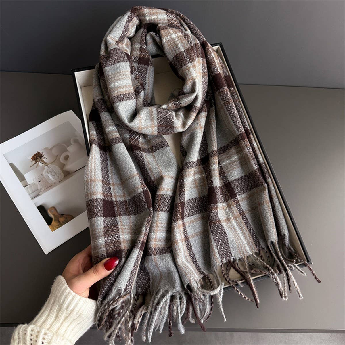 Vintage Plaid Winter Cashmere Feel Tassel Scarf_Cwasc03261