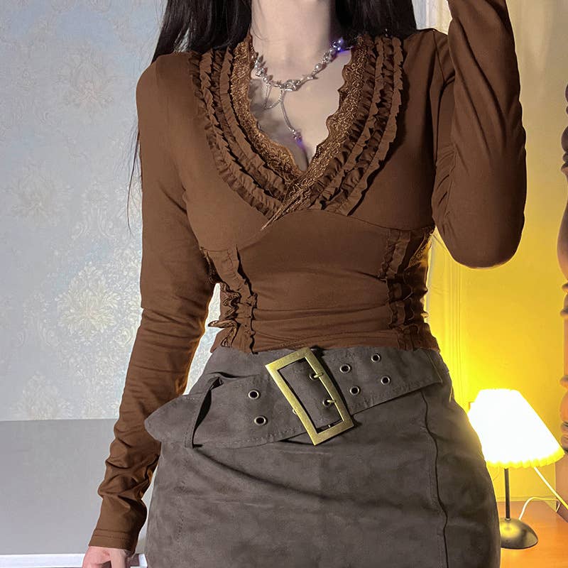 Vintage Wood Ear Trim V-Neck Long Sleeve T-Shirt