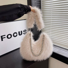 Winter Imitation Fox Fur Pearl Chain Plush Bag_Cwab3962