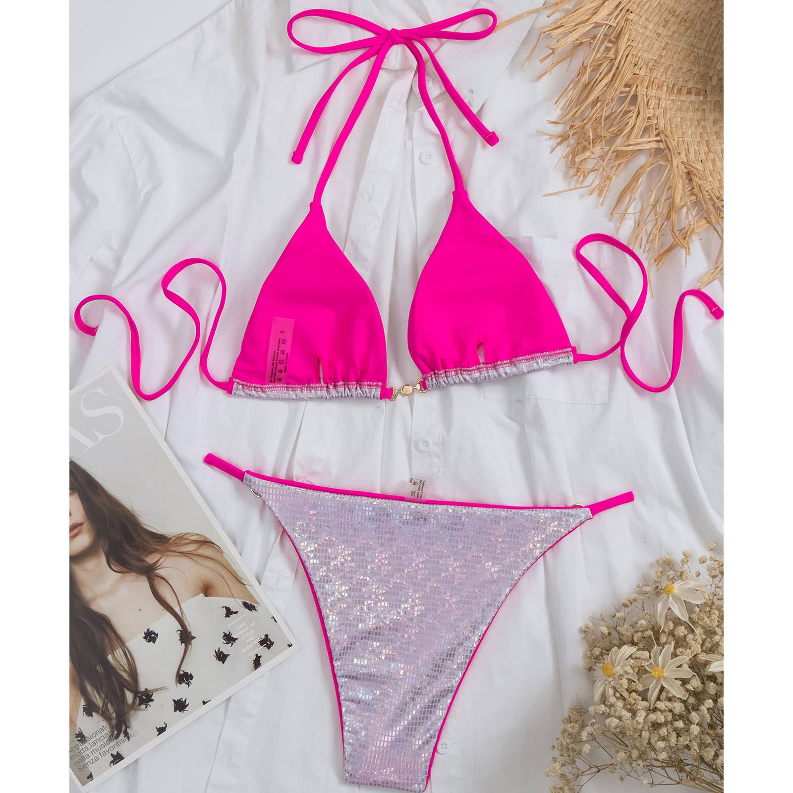 Womens Shiny Bikini Set Pearl Triangle Swimsuit