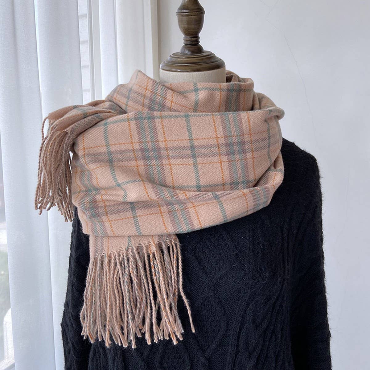 PLAID FAUX CASHMERE SCARF COZY FRINGE WINTER WRAP_CWASC1459