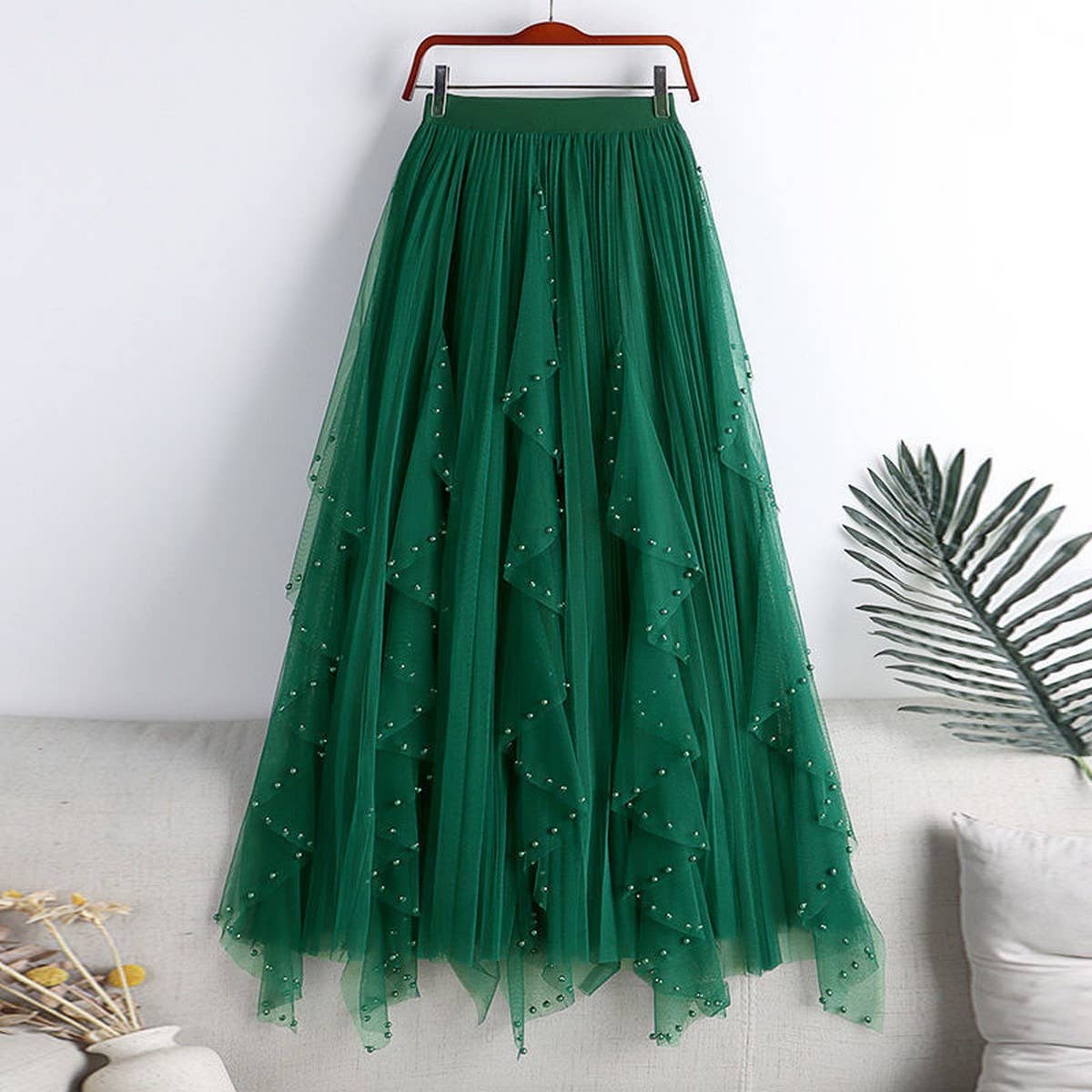 BEADED MESH PLEATED SKIRT A LINE TULLE SKIRT_CWBLS0398