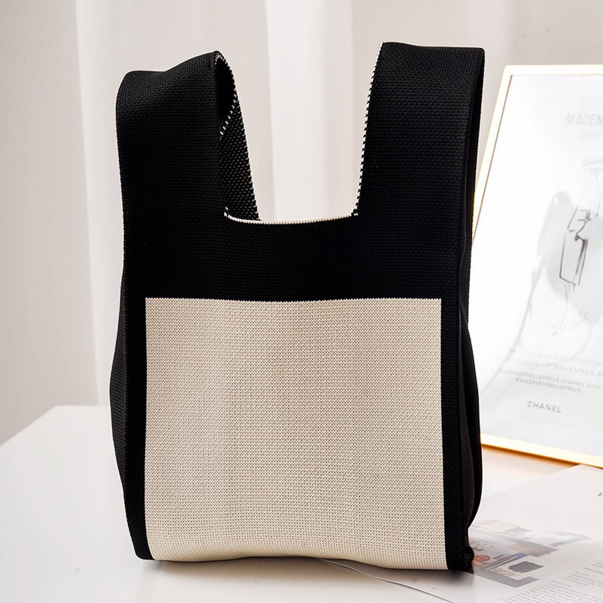 COW PATTERN CUTE KNOT WRISTLET KNITTED TOTE BAG_CWAB0880