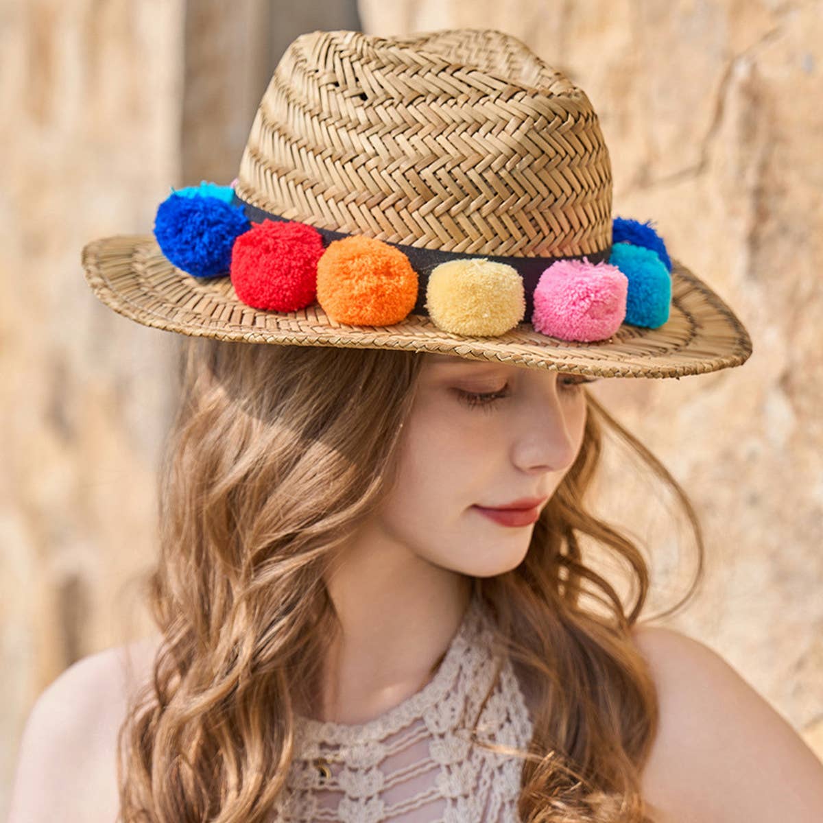 SUN PROTECTION LACE FUR BALL STRAW HAT_CWAH1348