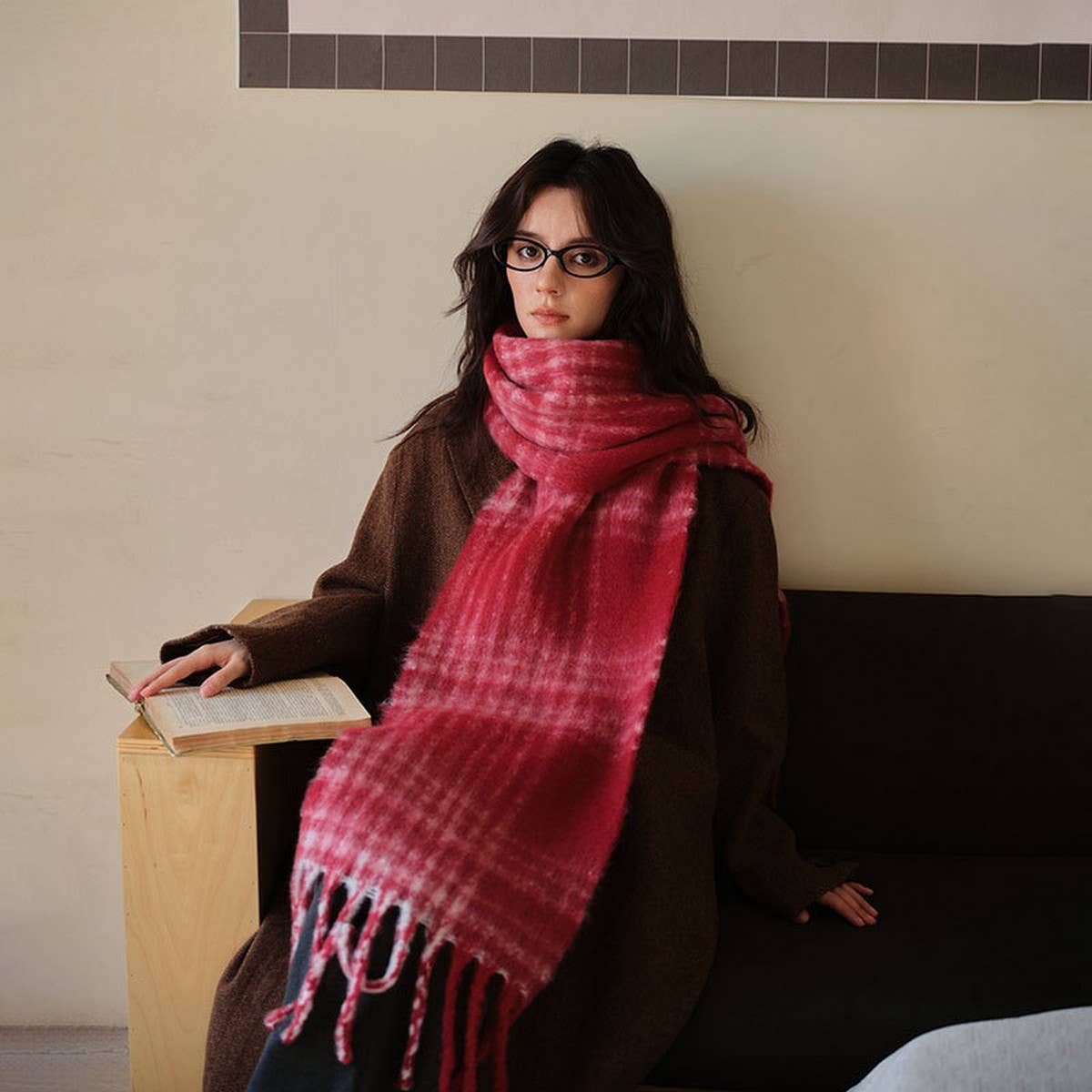 RED PLAID SCARF SOFT FAUX CASHMERE WINTER WRAP_CWASC2343