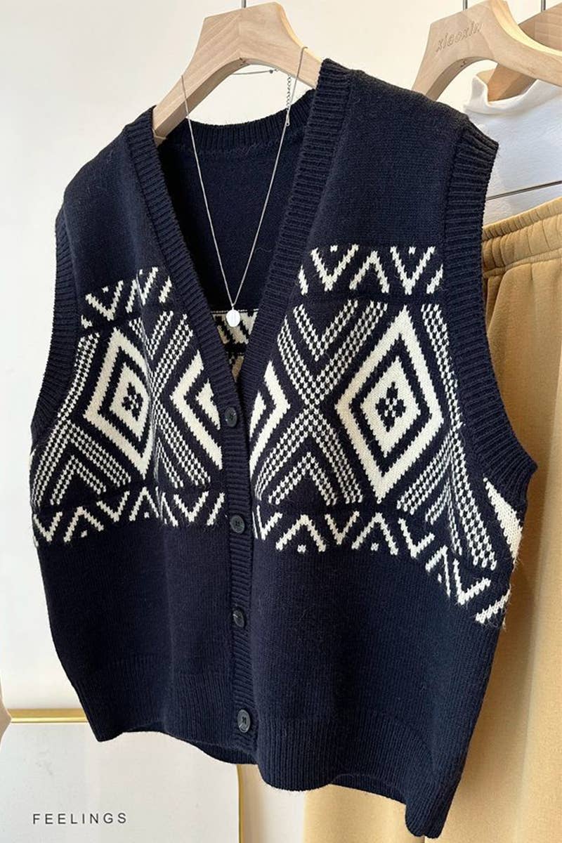 V-Neck Color Matching Embroidery Cardigan Vest