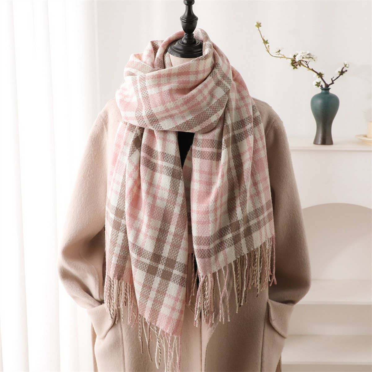PLAID CASHMERE LIKE SCARF WITH FRINGE FOR WINTER_CWASC1443