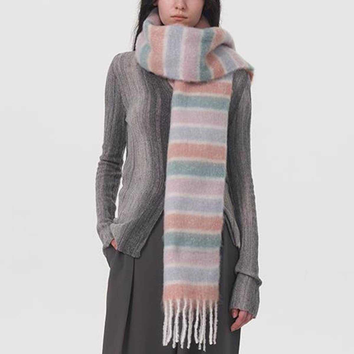 Women Striped Fringed Plaid Scarf