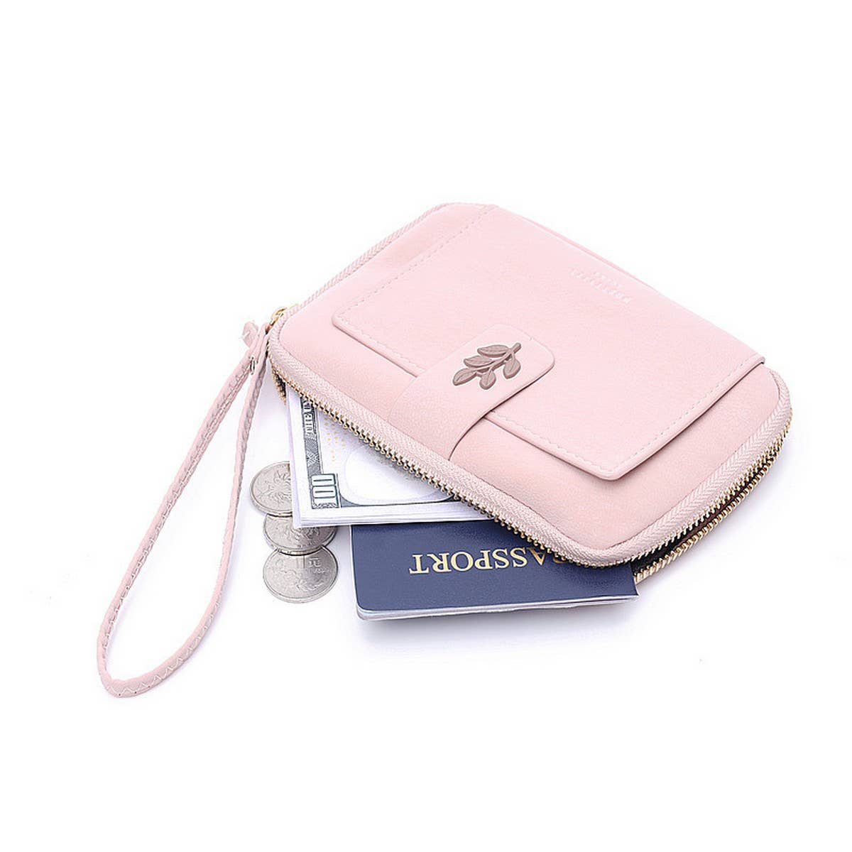 New Solid Leaf Decor Zipper Short Wallet_Cwab06258