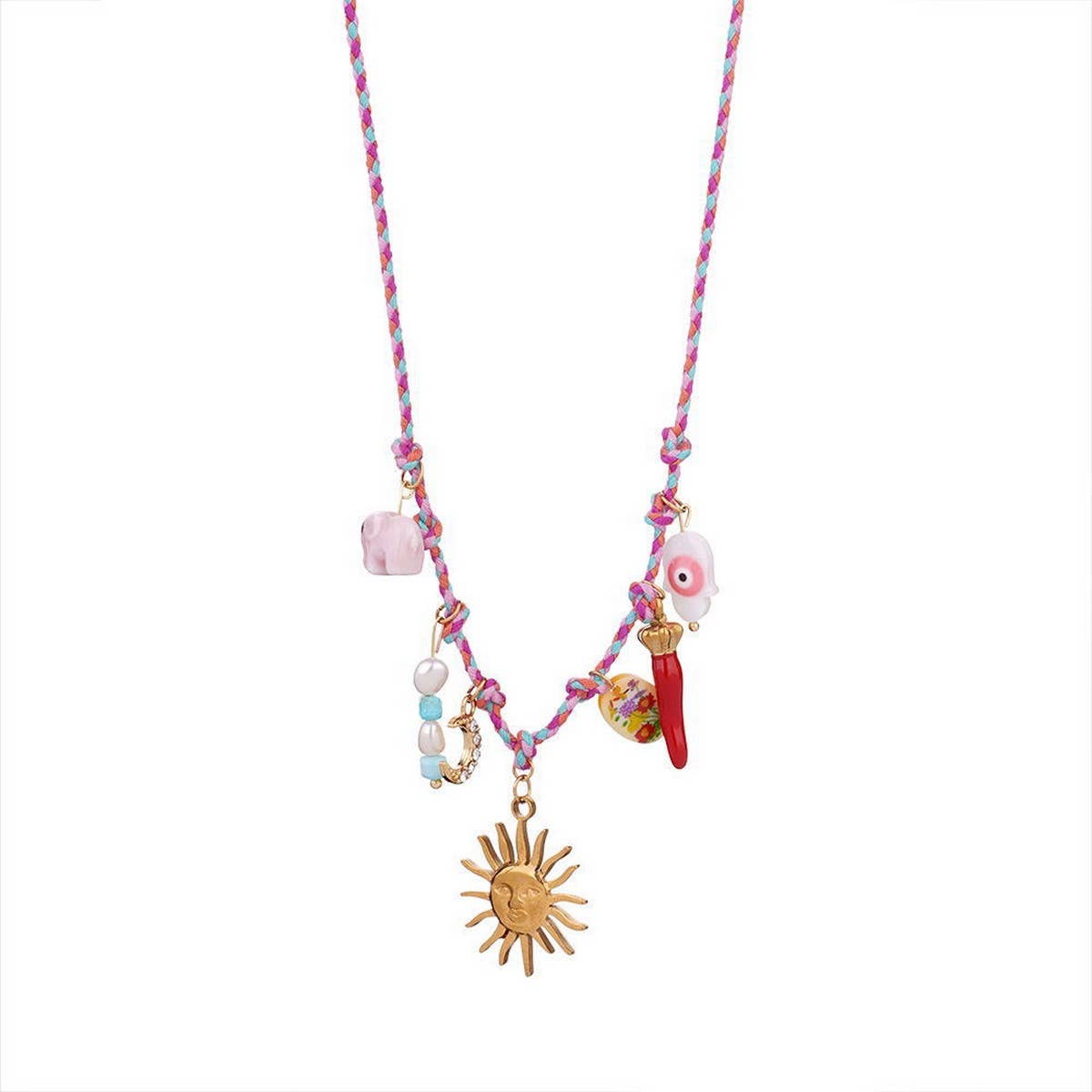 FABRIC SUN MOON NECKLACE WITH PINK CRYSTAL CHARM_CWMM7539