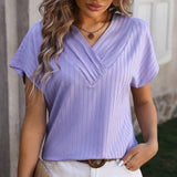 Womens V Neck Pullover Jacquard Short Sleeved Top_Cwtts0897