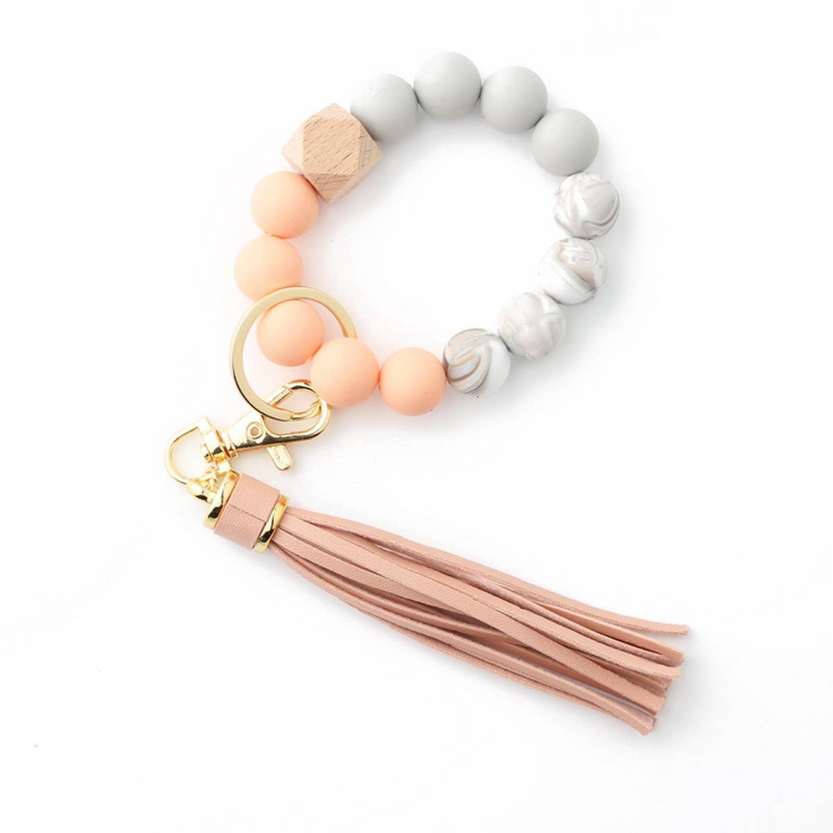 TASSEL WOOD SILICONE BEAD BRACELET KEYCHAIN_CWMM7018