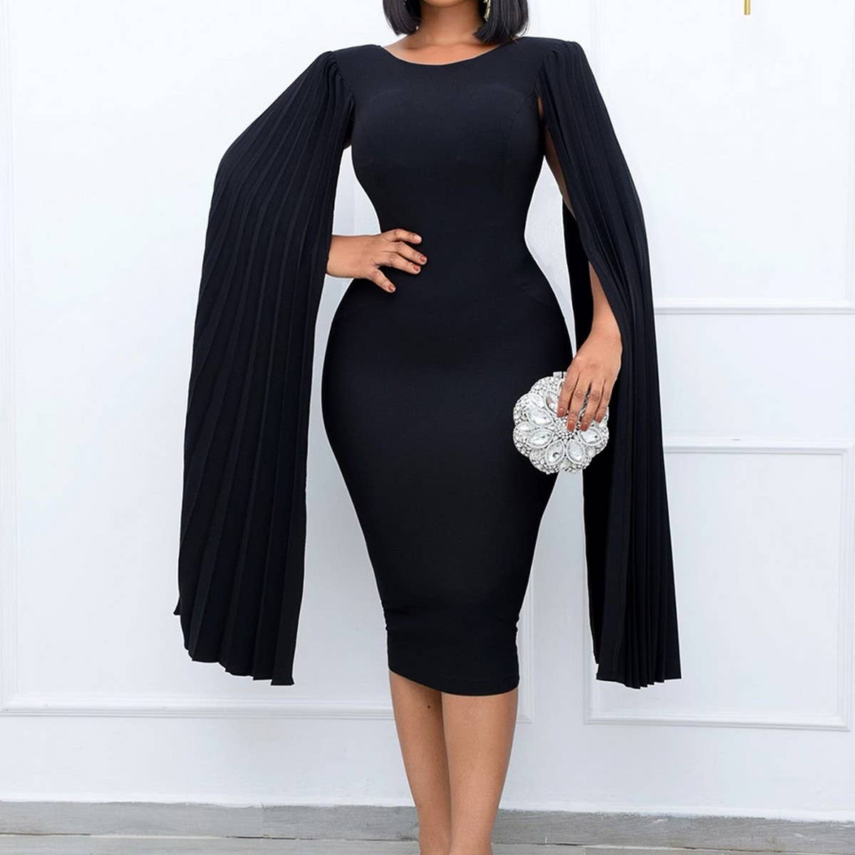 PLEATED ROUND NECK ELEGANT HIP HUGGING TIGHT DRESS_CWDMD3701