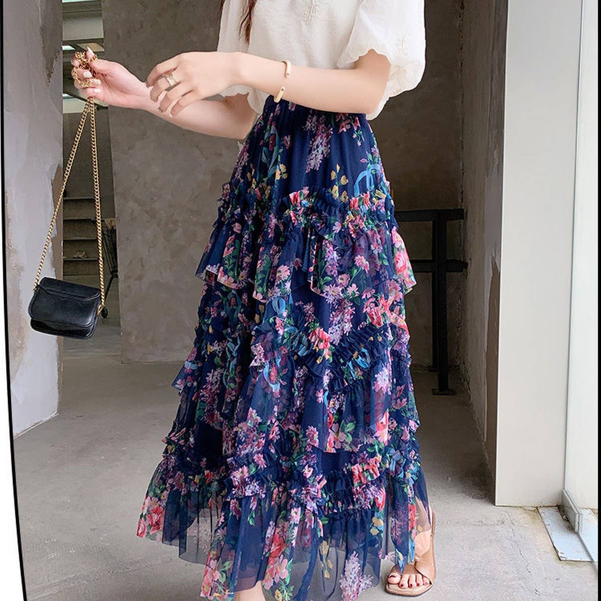 COLORFUL FLORAL MESH PRINT PLEATED TULLE SKIRT_CWBLS0399