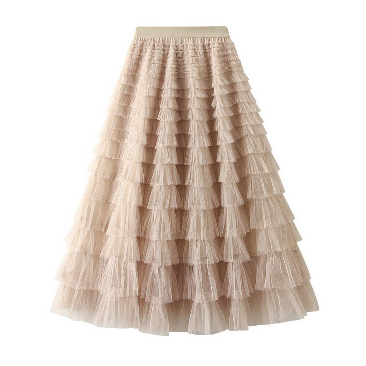 White Tulle Tiered Pleated A-Line Maxi Skirt_Cwbms0369