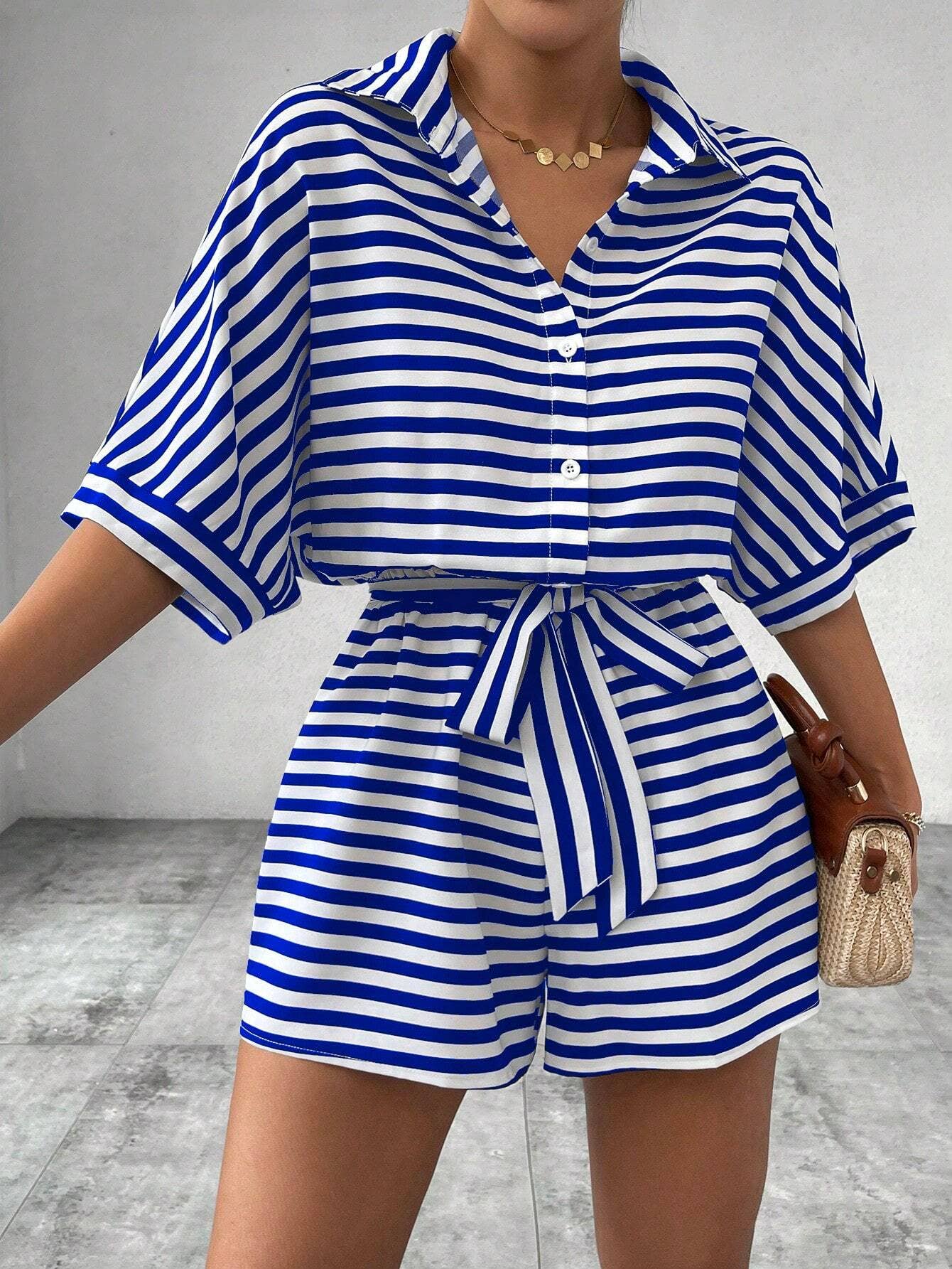 Striped Lapel Belted Shorts Short Sleeved Onesie