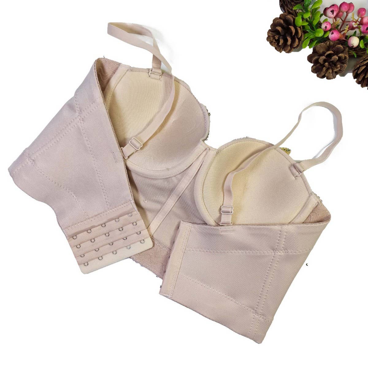 PINK FLORAL EMBROIDERED HERRINGBONE CORSET_CWMM4151