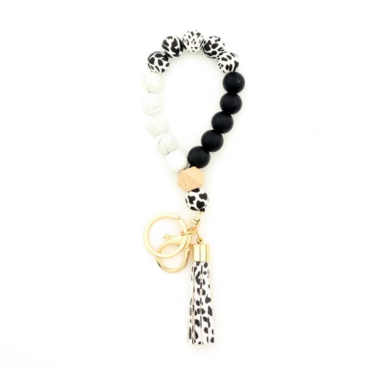 SILICONE WOOD BEAD BRACELET WITH LEATHER KEYCHAIN_CWMM7009