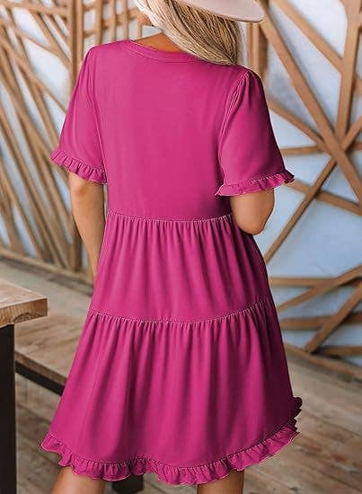 V-Neck Short-Sleeved Black Eared Pocket Dress