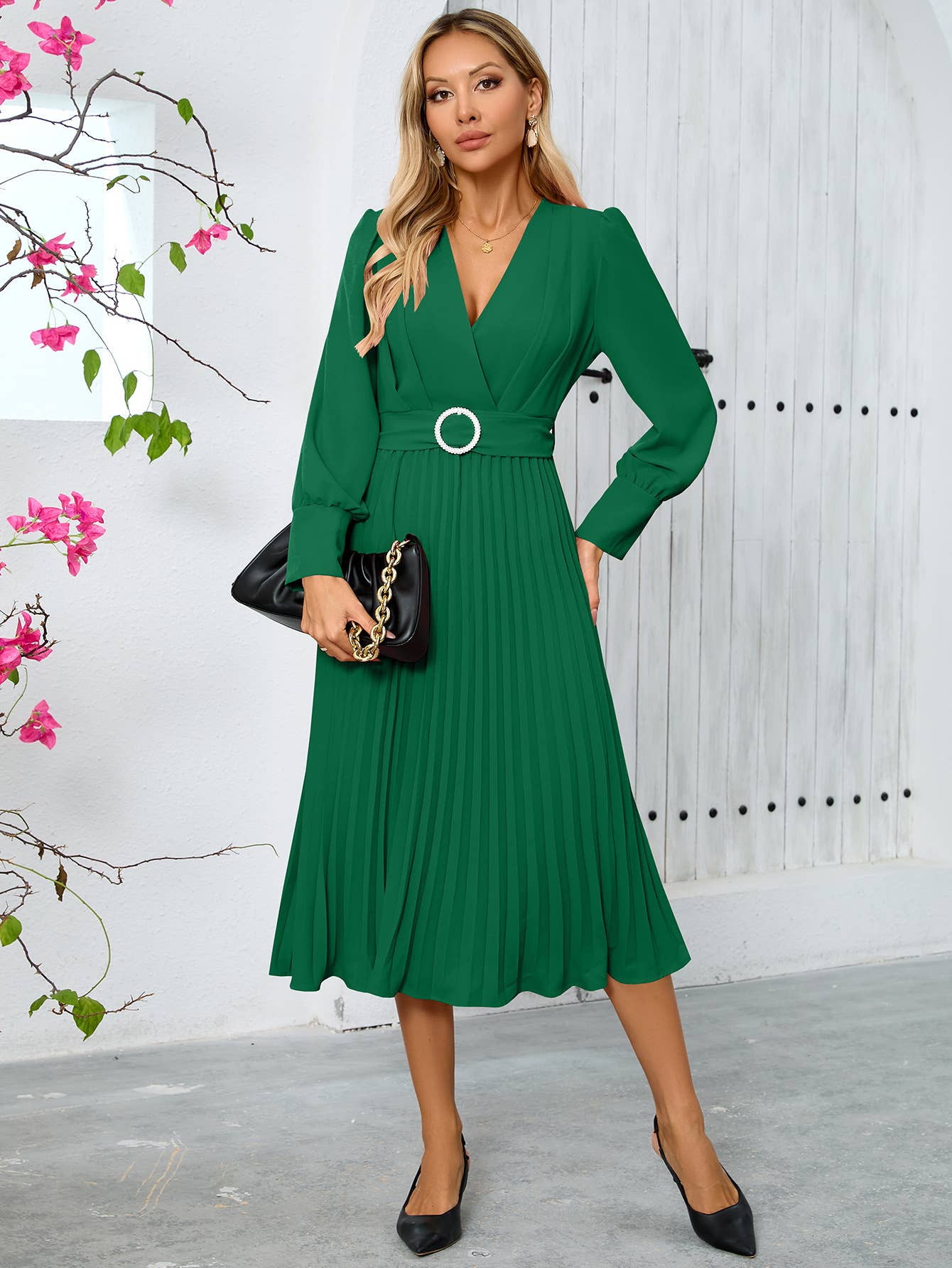 V-Neck Fashion,Slimming Elegant Pleated Dress