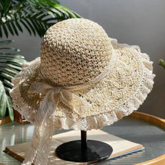 LACE TRIM CUTE BOW SUNSHADE STRAW HAT_CWAH3444