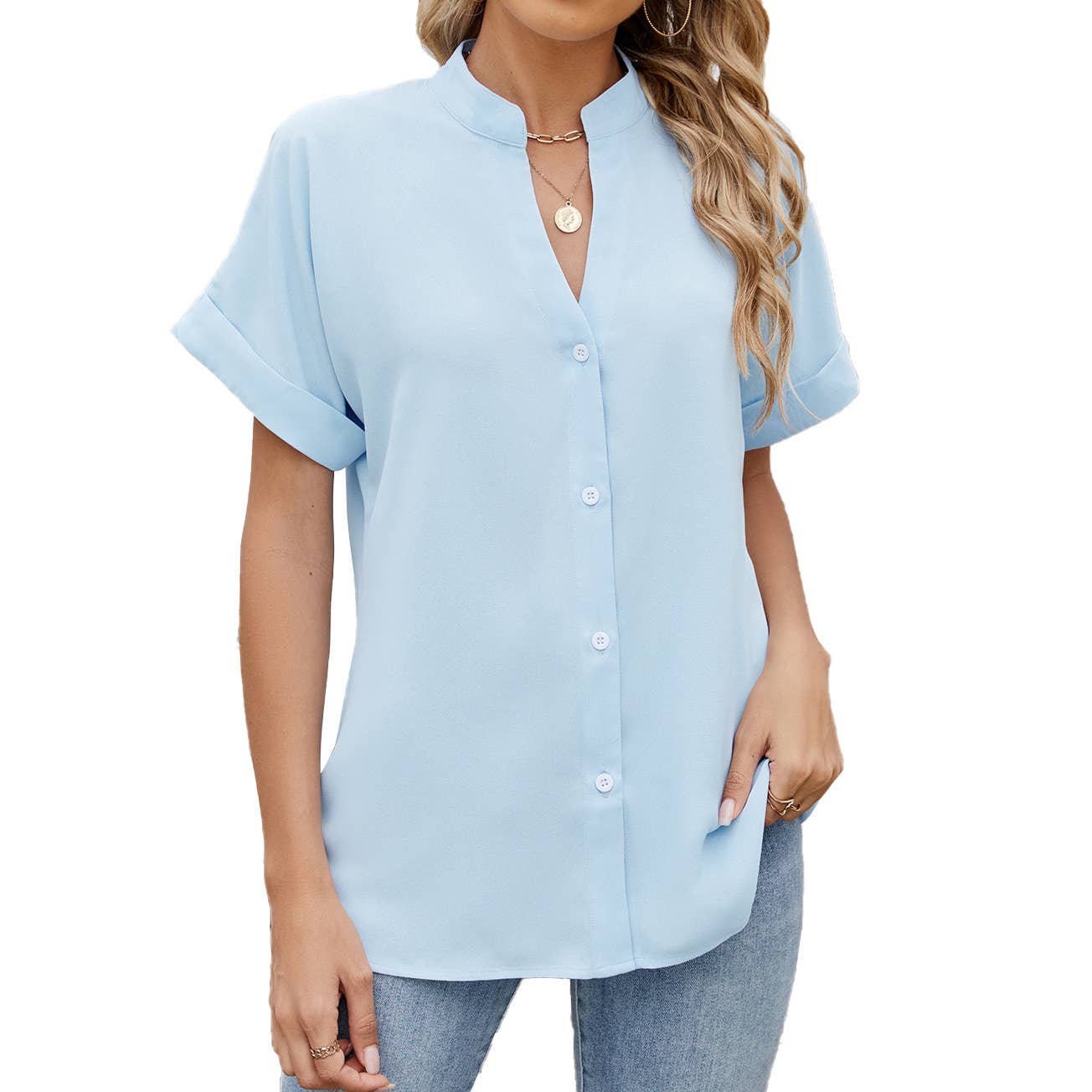 Solid Color V-Neck Short Sleeve Button Chiffon