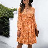V-Neck Long-Sleeved Pinched Waist Short Dress
