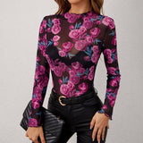 FLORAL PRINT MESH LONG SLEEVE MOCK NECK TOP_CWTBLL3427